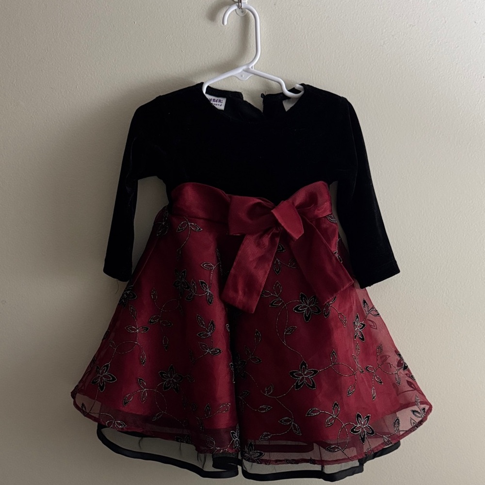 Black and Burgundy Baby Girl Dress with Floral Embroidery